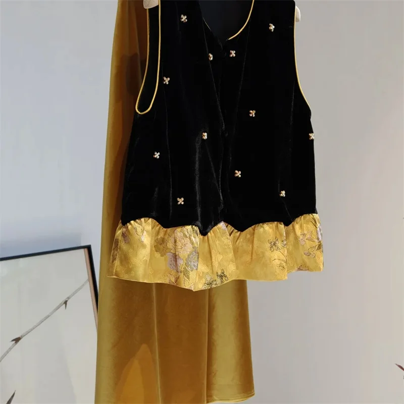 New Outerwear Fashion  Chinese Velvet Vest Female Stitching Yellow Lace Loose Outer Vest Early Autumn Thin Round Neck Coat New