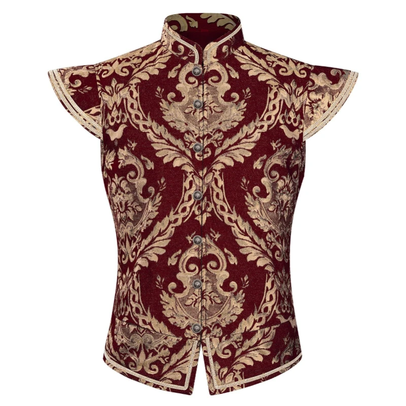Tudor Renaissance Jacquard Waistcoat for Men,Medieval Euro Noble Gothic Vest,Stand‑Collar Cosplay Costume for Halloween Party