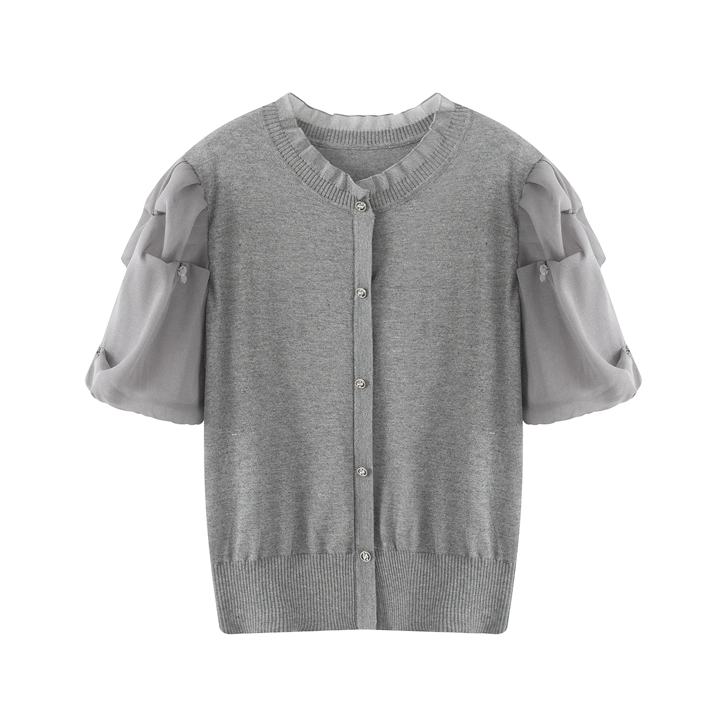 

Elegant round Neck Mesh Bubble Sleeve Short Sleeve Knitted Top by Little Ai Summer New Arrival Women's Fashion Open Cardigan