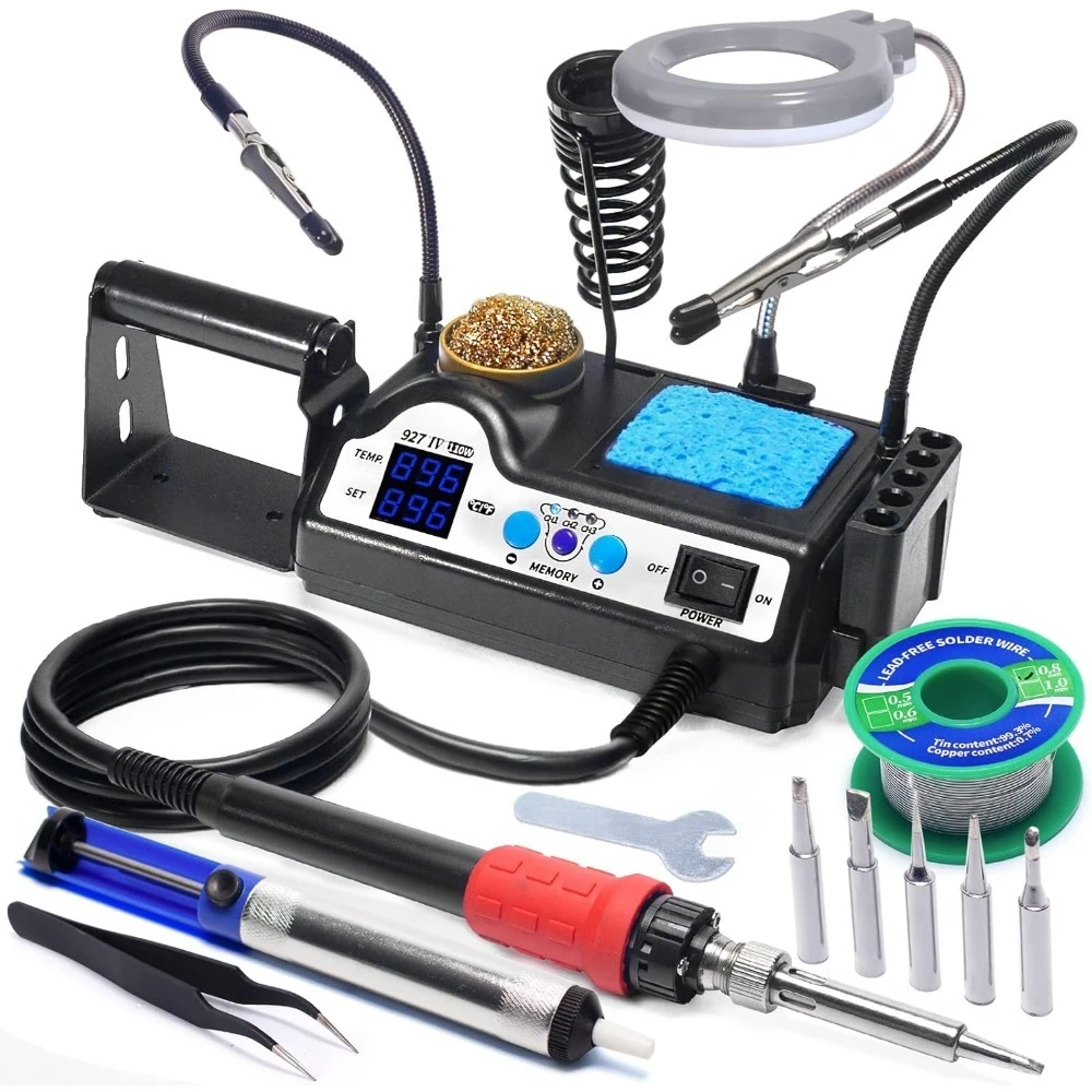 

110W High Power Soldering Station Kit with 3 Preset Channels Sleep Mode LED Magnifier 5 Extra Tips Helping Hands Lead Free