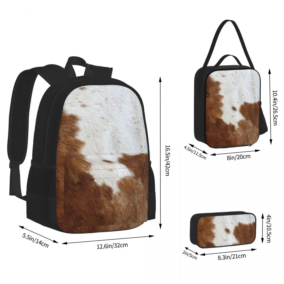 Stylish Cow Fur Cowhide Texture Cow Skin Print Patter BackpacksStudents SchoolBags Kids Rucksack LunchBag Pen BagThree-Piece Set