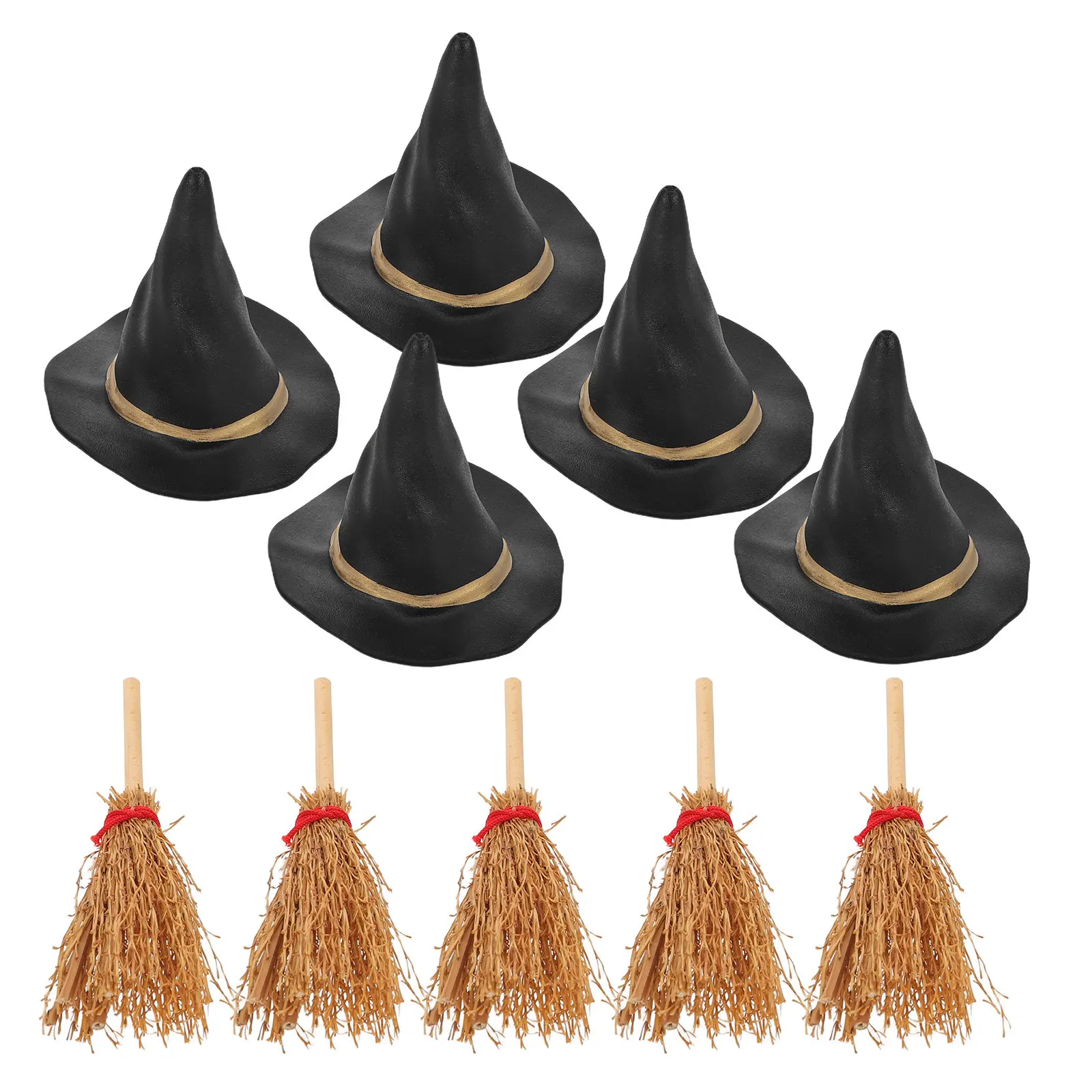 10Pcs Halloween Witch Hat Mini Broomstick Set Small Witch Hats for Crafts Party Costume Accessories Halloween Decorations