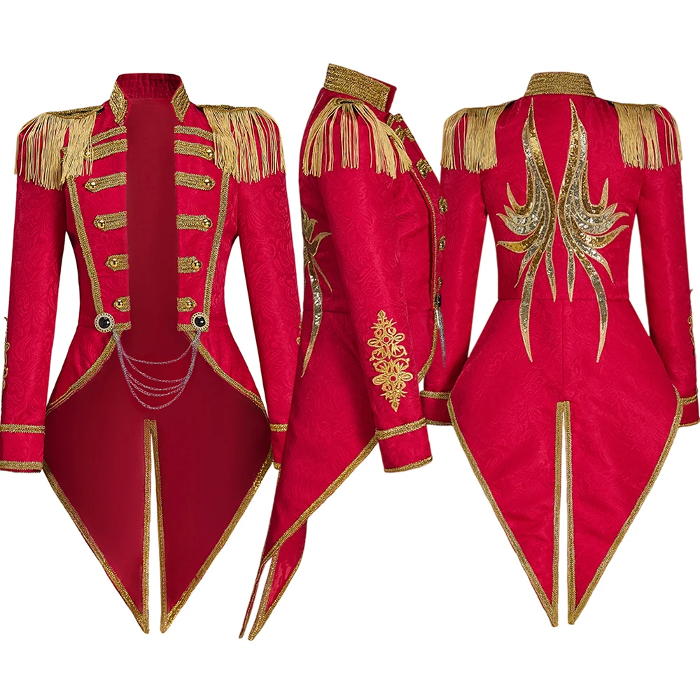 

Regency Queen Red Fringed Military Tuxedo Women Gothic Steampunk Ringmaster Jacket Victorian Officer Hussar Uniform Coat