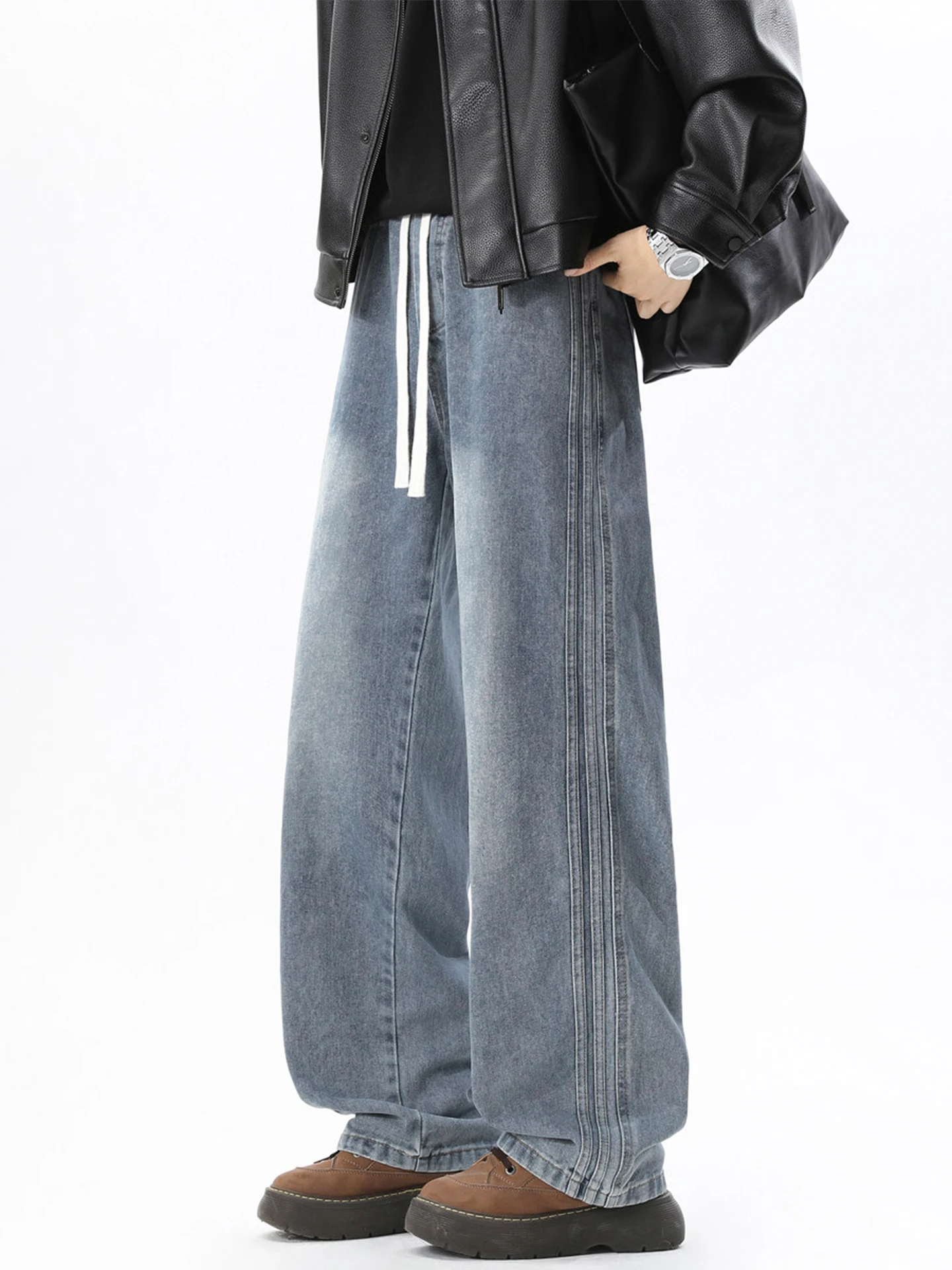 

American Retro Wide Leg Jeans Men Spring Trendy High Street Loose Straight Casual Pants Cotton Polyester Regenerated Fiber