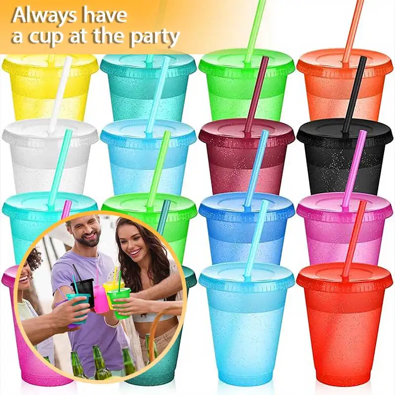 16 Oz Glitter Reusable Plastic Cup with Straws And Lids-Bright Colors Iced Coffee Water Bottle for Birthdays Travel And Parties
