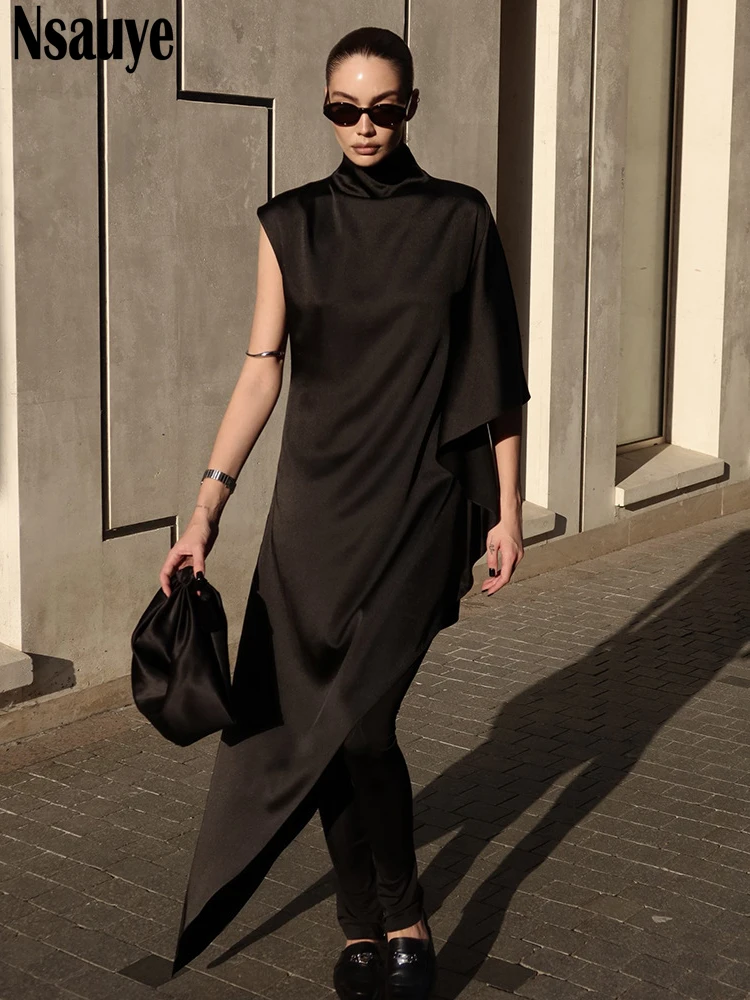 Nsauye セクシーなイブニングパーティー女性ナイトクラブサテンエレガントなドレスロングプルオーバー夏ハイスプリット 2025 マキシホリデーファッションドレス