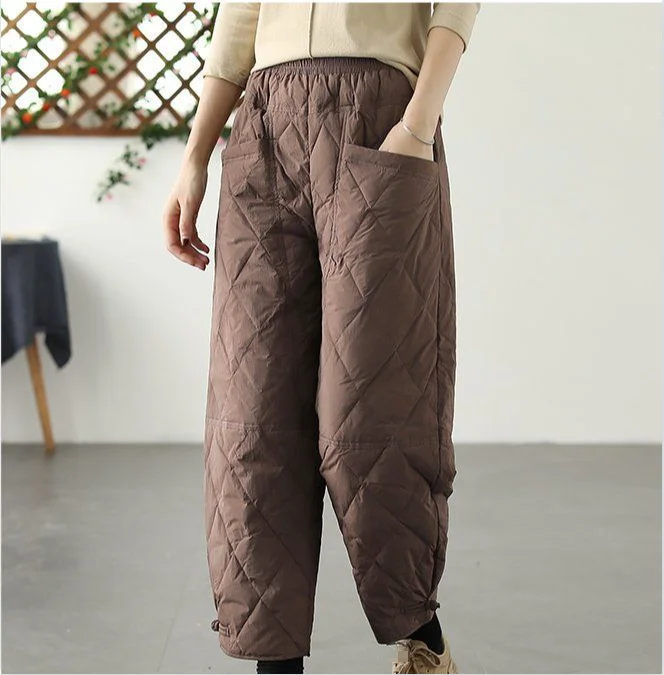 Winter Waist Warm Down Cotton Quilted Trousers Versatile Fashionable Casual Pants For Women