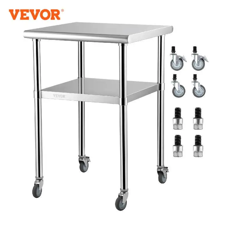 VEVOR 600/800 lbs 2-Layer Stainless Steel kitchen Worktable Metal Worktable Commercial Workstation w/Adjustable Universal Wheels