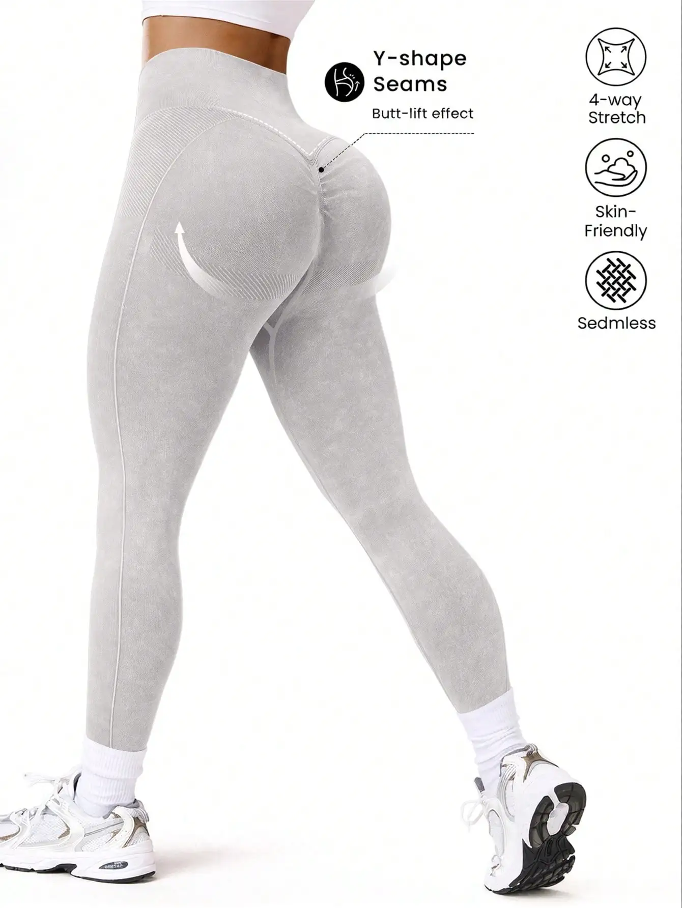 Nahtlose, sandgewaschene, figurformende Yoga-Leggings für Damen, hochtaillierte, dehnbare Fitness-Workout-Hose – Detail 3