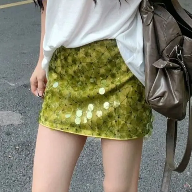 2026 Spring and Summer New Versatile Heavy Industry Green Sequined Hip A-shaped Skirt