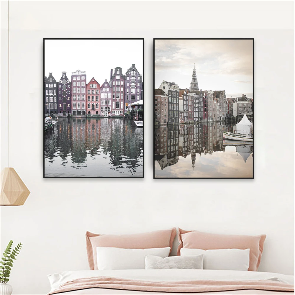 Amsterdam Watercolor Poster Netherlands Travel Wall Art Prints Amsterdam House Architecture Canvas Painting Living Room Decor