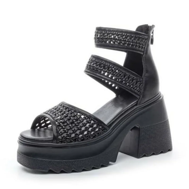 

10CM Ankle Boots Genuine Leather Peep Toe Summer Ankle Booties Fashion Platform Wedge Chunky Heels ZIP Sandal Black Women Shoes