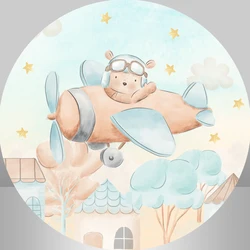 Airplane Bear Baby Shower Round Backdrop Cover Custom Boy 1st Birthday Party Decoration Circle Photography Background Elastic