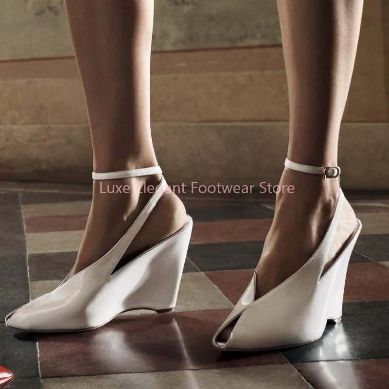 

Red Buckle Strap Pointed Wedges Slingback Sandals Women Peep Toe Patent Leather High Heels Fashion Luxury Evening Party Pumps