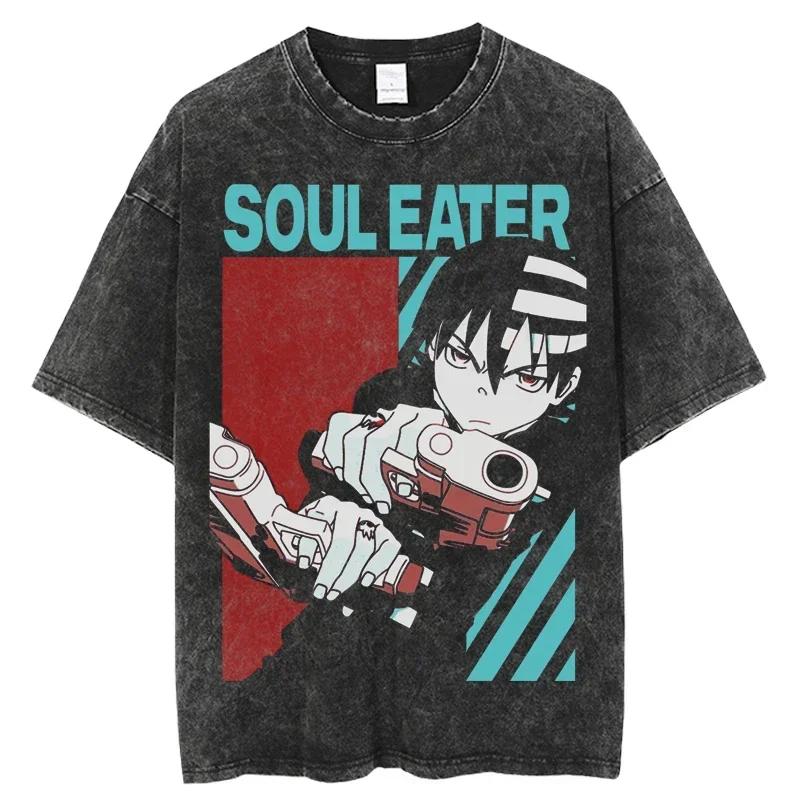 Hip Hop Oversize Washed T-Shirt Men Streetwear Anime Soul Eate Graphic T Shirt Wholesale Summer Short Sleeve Tshirt Harajuku