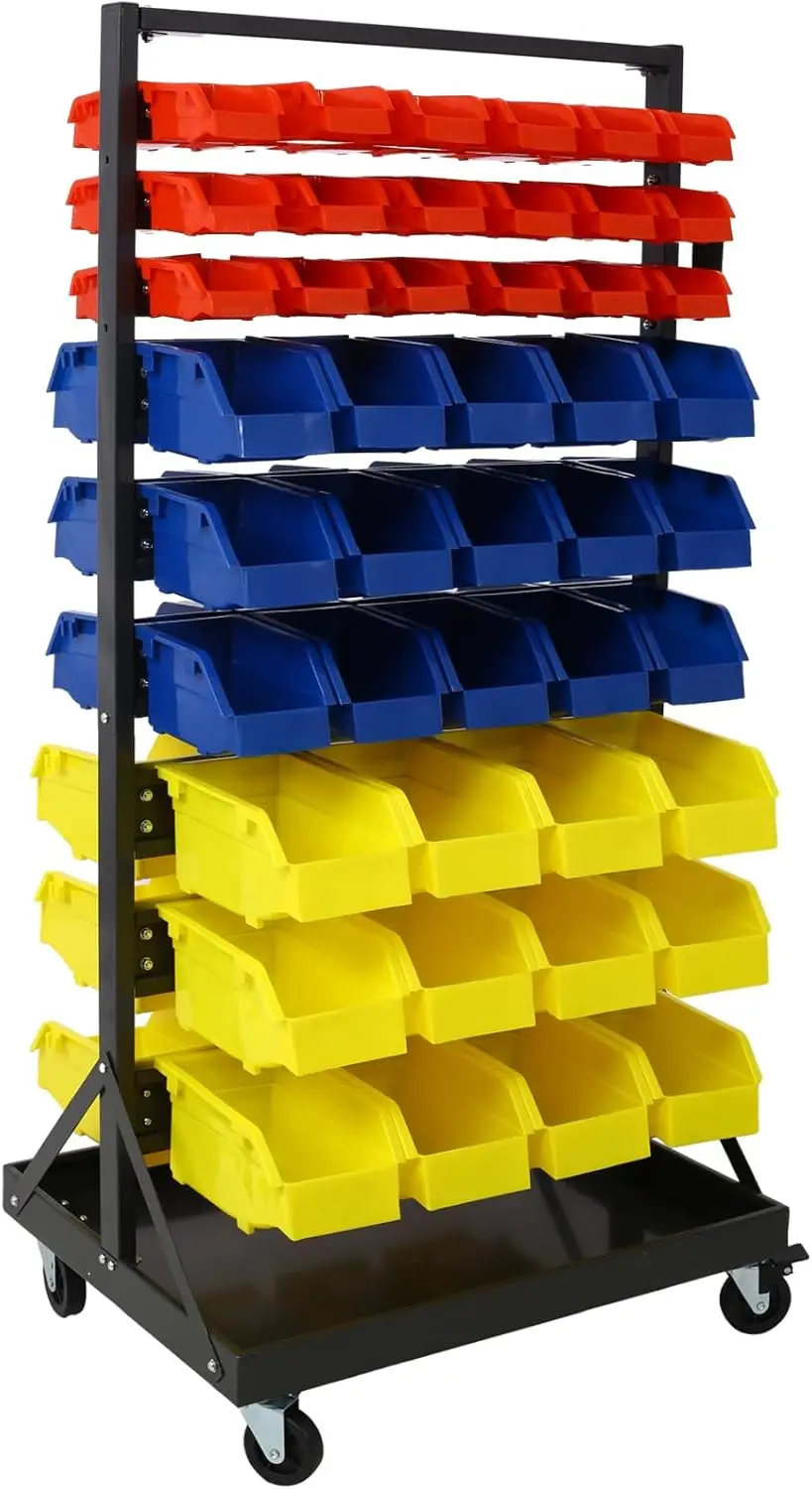 90 Parts Bin Rack Storage Unit System Steel Shelf, Mobile Organizer Plastic Bins Garage Shelving Tool Shop, 4 Locking Wheels,