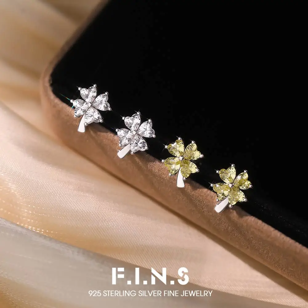 

Серьги-гвоздики F.I.N.S из стерлингового серебра S925 с желтыми прозрачными цирконами в форме клевера для женщин, модные, на удачу, с четырехлистным клевером, маленькие серьги-гвоздики