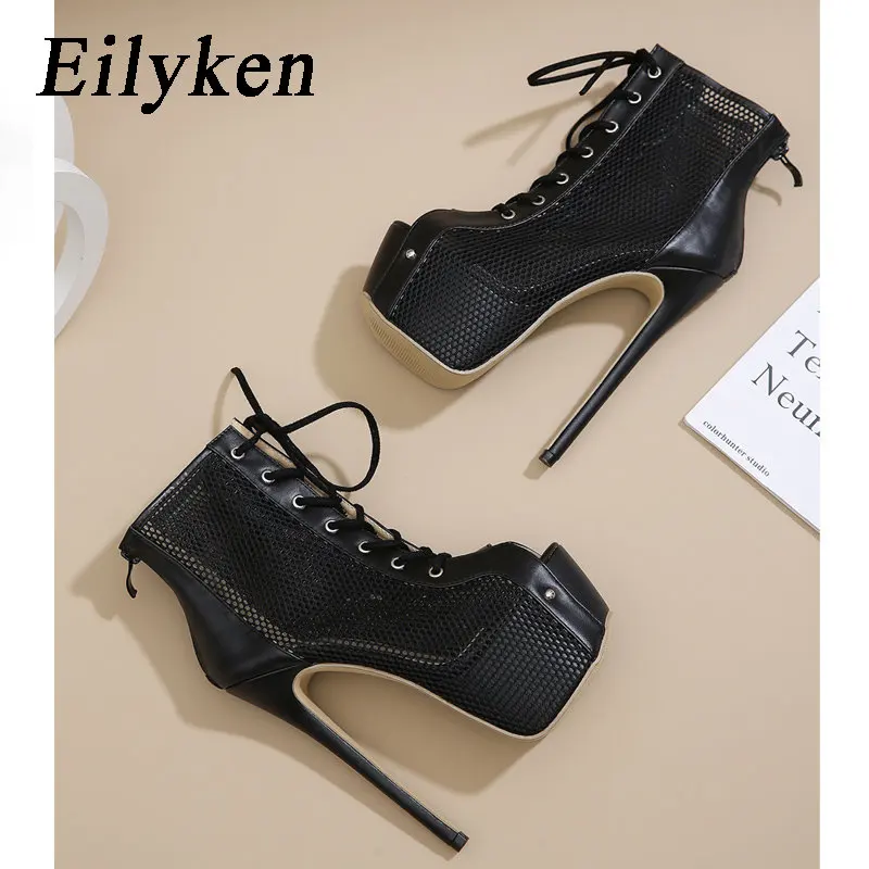 Eilyken Autumn Sexy Mesh Fabric Platform High Heels Boots Sandals Women Peep Toe Nightclub Party Stiletto Female Shoes