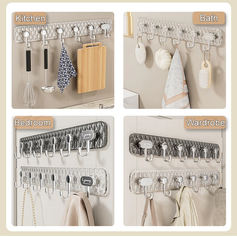 6 Hooks Punch Free Wall Hooks Wall Mounted Clear Hanger for Key Cloths Bags Self-adhesive Towel Hook for Door Kitchen Bathroom