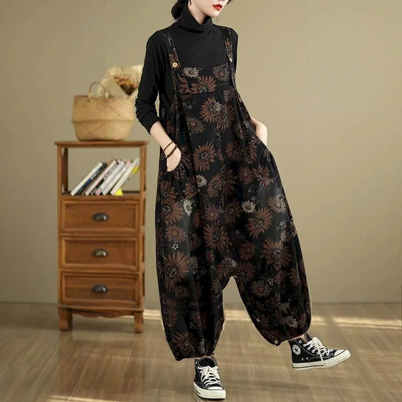 Literary Jumpsuits Casual Flower Printed Denim Playsuits One Piece Outfit Women Harem Pants Loose Overalls for Women Clothing