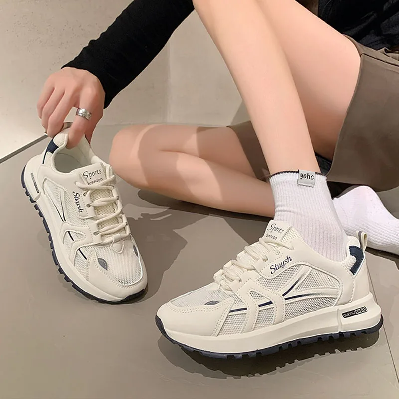 2023 Women's Sneakers Fasion Leather Mesh Panel Sports Shoes Street Leisure Women Shoes Non-Slip Platform Lace-up Casual Shoes