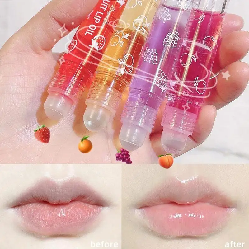 6 Colors Roll-On Fruit Essence Lip Balm Moisturizing Transparent Gloss Hydrating Long-Lasting Lip Oil