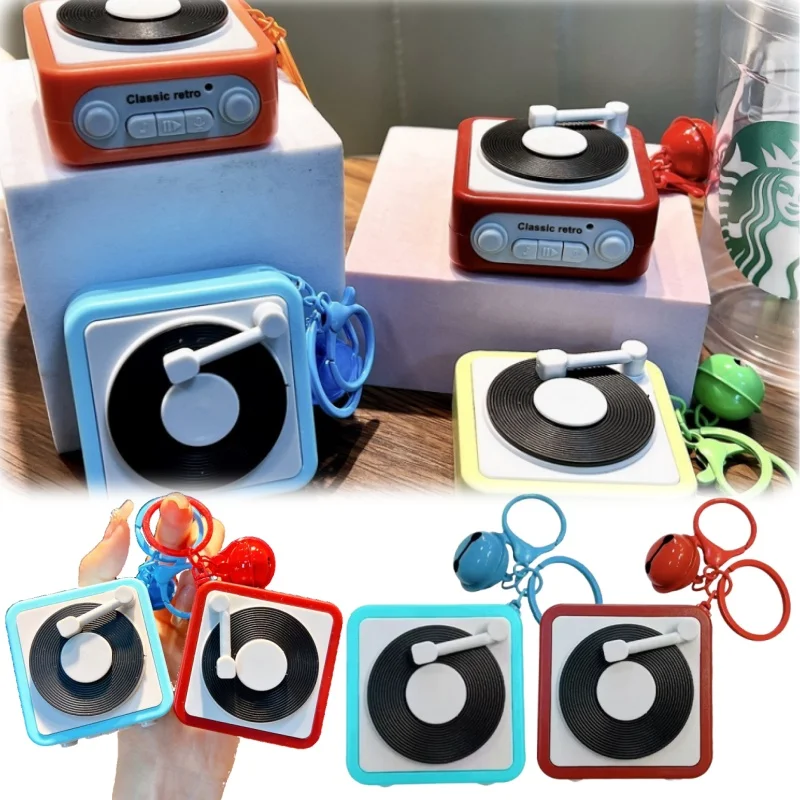 Retro Record Player Keychain Voice Recording Music Box Key Charm for Couples Anniversary Gifts Desk Decor with Mini Vinyl Charm