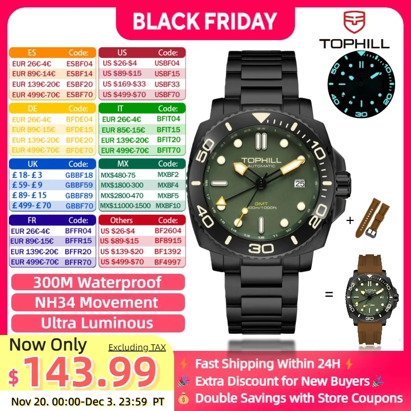 

TOPHILL Мужские часы с автоматическим механизмом Роскошные сапфировое стекло Водонепроницаемые часы Luminousdual время спортивные часы