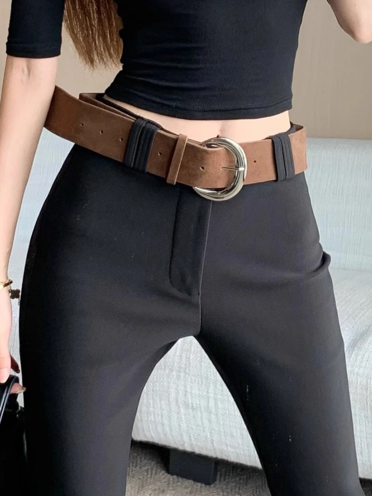 

High Waist Stretchy Flared Pants Women's Autumn 2025 New Fashion Elegant Black Trousers Self-Belt Hip-Enhancing Suit Micro-pants