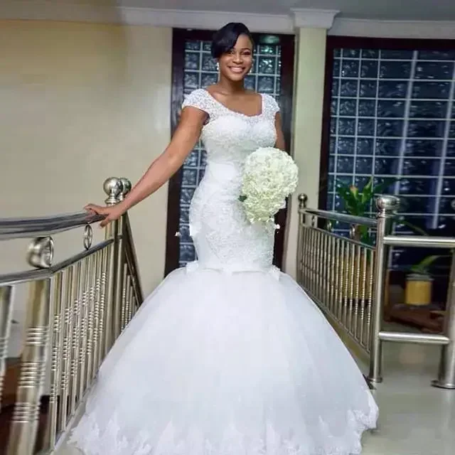 Personalizado plus size branco sereia casamento sparking beading boné mangas espartilho renda vintage sexy vestidos de noiva para country weddin