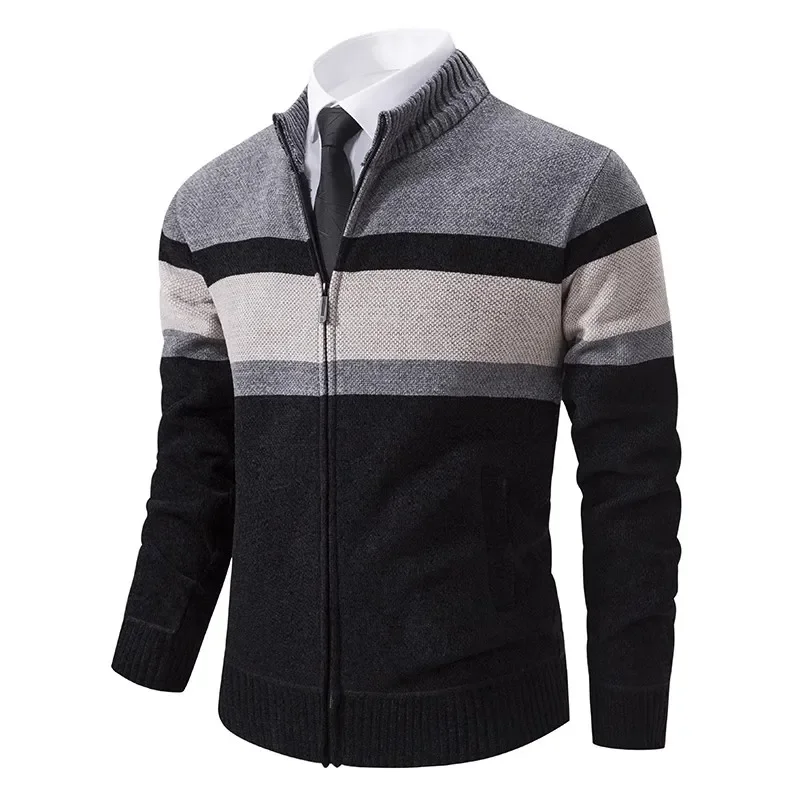 New AutumnWinter Golf Fashion Stripe Cardigan Men's Slim Fit Knitted Sweater Coat Men's Standing Neck Zipper Knitted Sweater