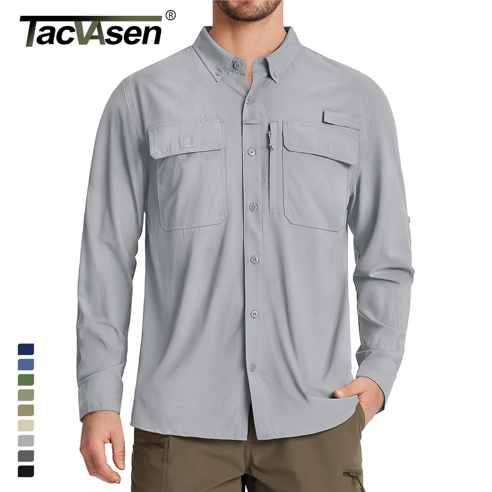 TACVASEN UPF 50+ Sun Protection Fishing Shirts Men's Quick Dry Long Sleeve Shirts Mesh Breathable Hiking Work Cargo Shirts