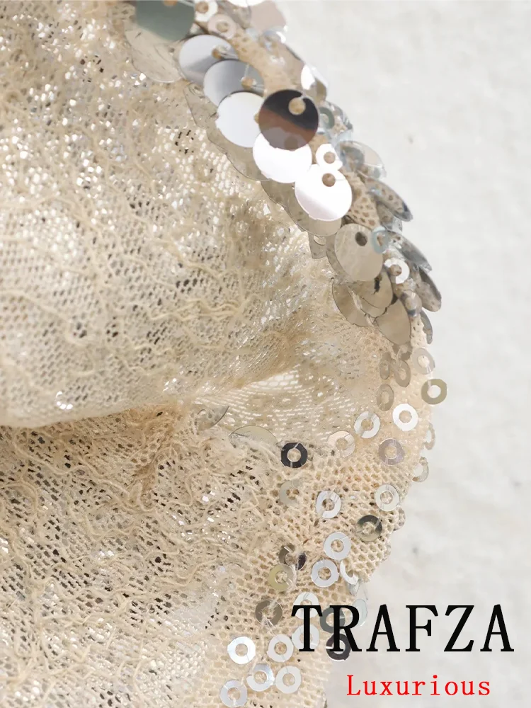 TRAFZA Vintage Sequins Women Blouse Long Sleeve Turn-down Collar Single Breasted Loose Blouse Fashion 2024 Autumn Winter Shirts
