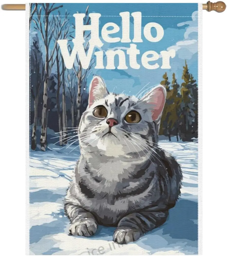 Ice ink Cute American Shorthair Cat Hello Winter Snow Scene Garden Flag 28x40 Inch Linen Burlap Double Colorful Sided Yard F IIC