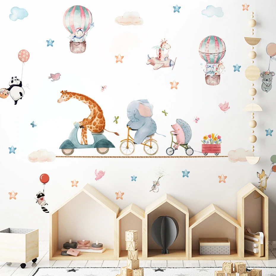 

Cartoon Elephant Lion Giraffe Riding Bike Wall Stickers Nursery Removable Vinyl DIY Wall Decals Kids Bedroom Interior Home Decor