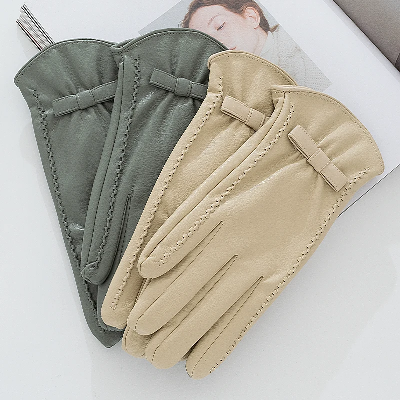 Fashion Women\'s Full Finger Plus Velvet Bow Leather Gloves Winter Outdoor Cycling Thick Warm Touch Screen Driving Mittens S185