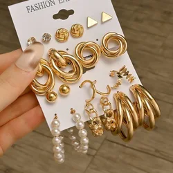 Fashion Design Metal Butterfly Leaf Earring Set Punk Three Claw C-shaped Hoop Earrings Imitation Pearl Earrings Women's Jewelry
