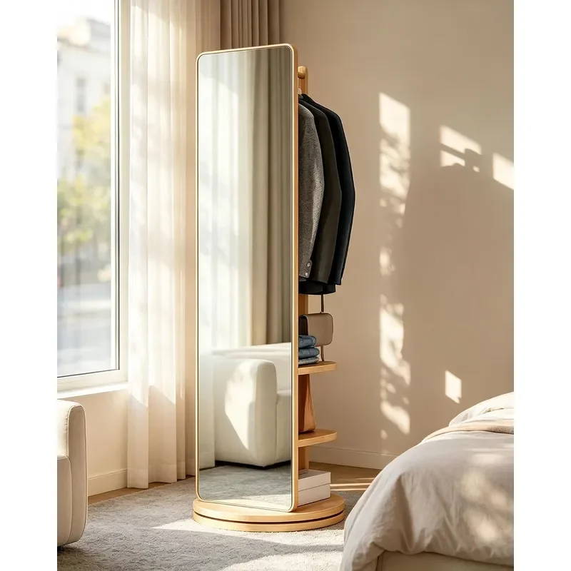 360 Rotating Solid Wood Full Length Mirror with Coat Rack and Storage Hooks 65.7x17.7 Solid Wood Floor Mirror with Hanger