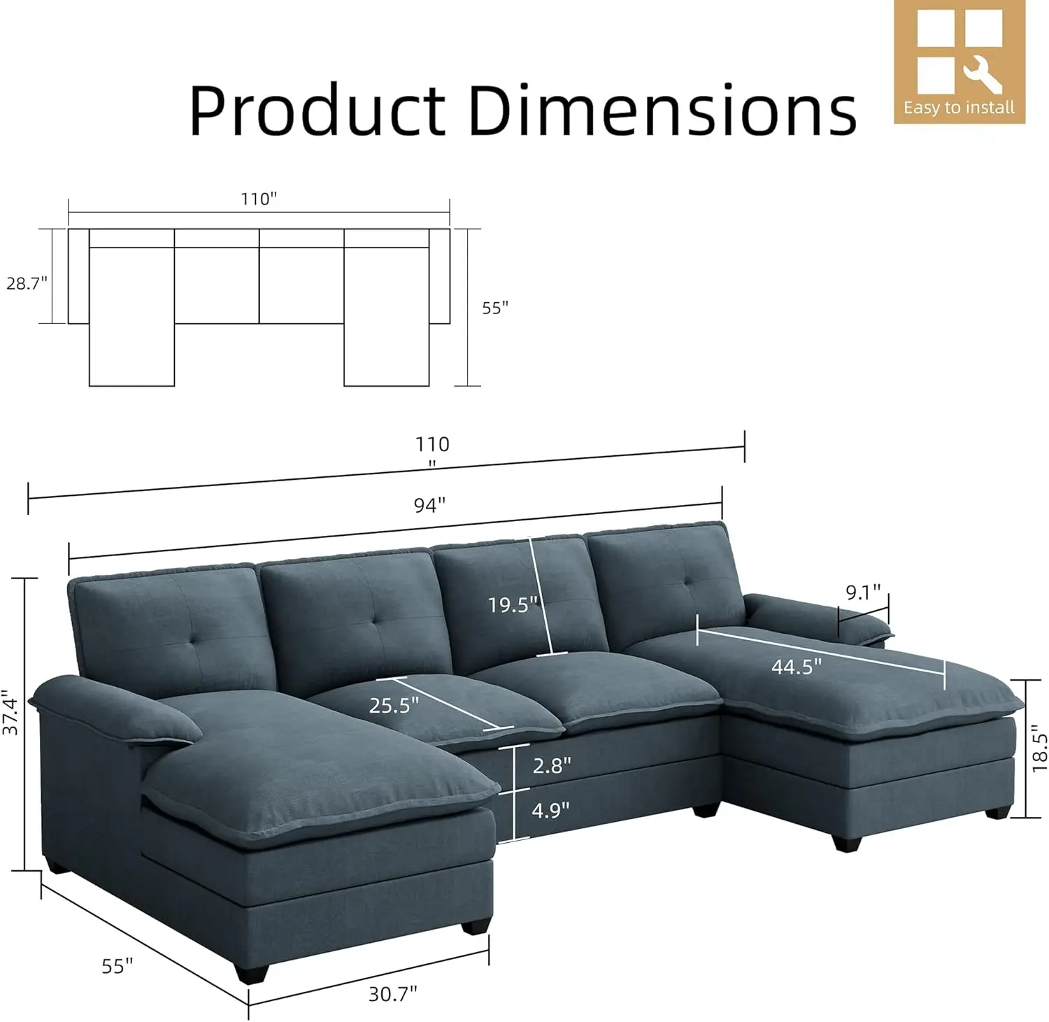 Jamfly Sectional Couches For Living Room, U-Shaped Couch 4 Seat Sofas With Double Chaises, Modern Modular Sectional Sofa Set