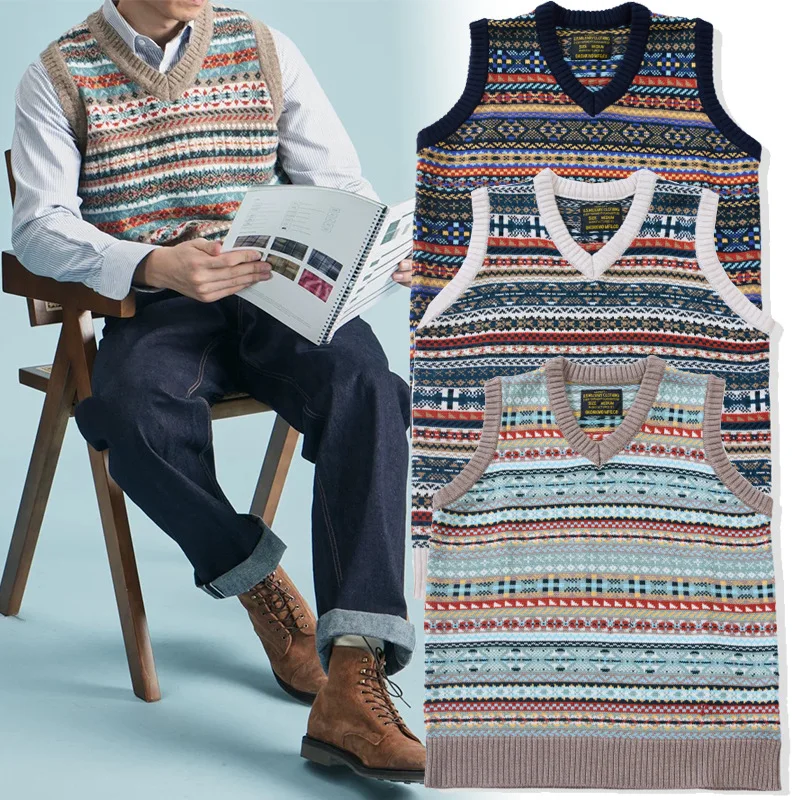 2025 Spring and Autumn American Retro Workwear British Fair Isle Sweater Vest Men's Jacquard Floral Base Wool Blended Knitwear