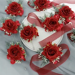 1pcs Red Artifical Flowers Bridesmaid boutonniere mariage homme Roses Bride Bracelet Wedding Accessories