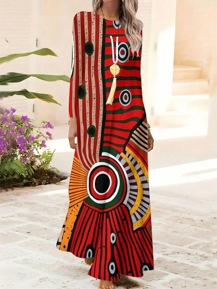 

Womens Long Maxi Dress With Geometric Pattern Red Stripes Casual Resort Beach Style
