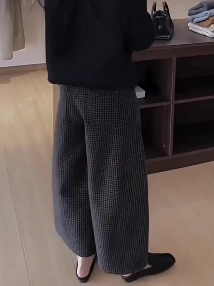 

Женские брюки с высокой талией в клетку, широкие, универсальные, стройнящие, укороченные, повседневные, осенне-зимние, новинка