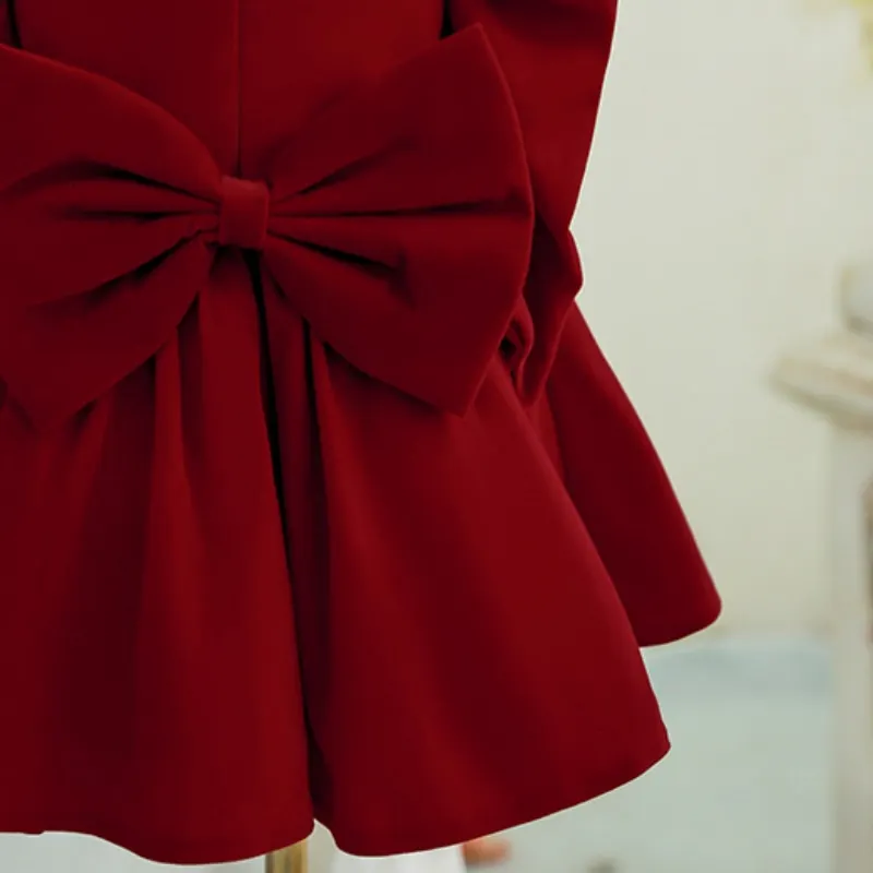 Newborn Baby Girl Princess Christmas Red Dresses Puff Long Sleeve Infant Toddler Child Bow Vintage Winter Evening Gown 12M-14Y
