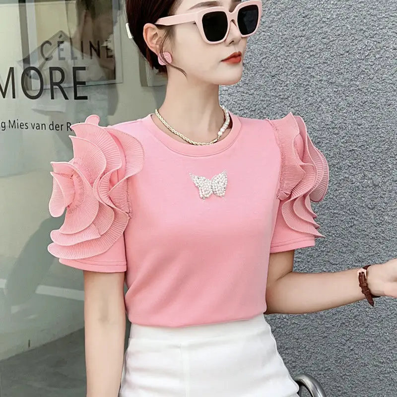 Summer Fashion New Style Lotus Leaf Sleeves Slim Fit Short Sleeved T-shirt Versatile Half Sleeved Shirt