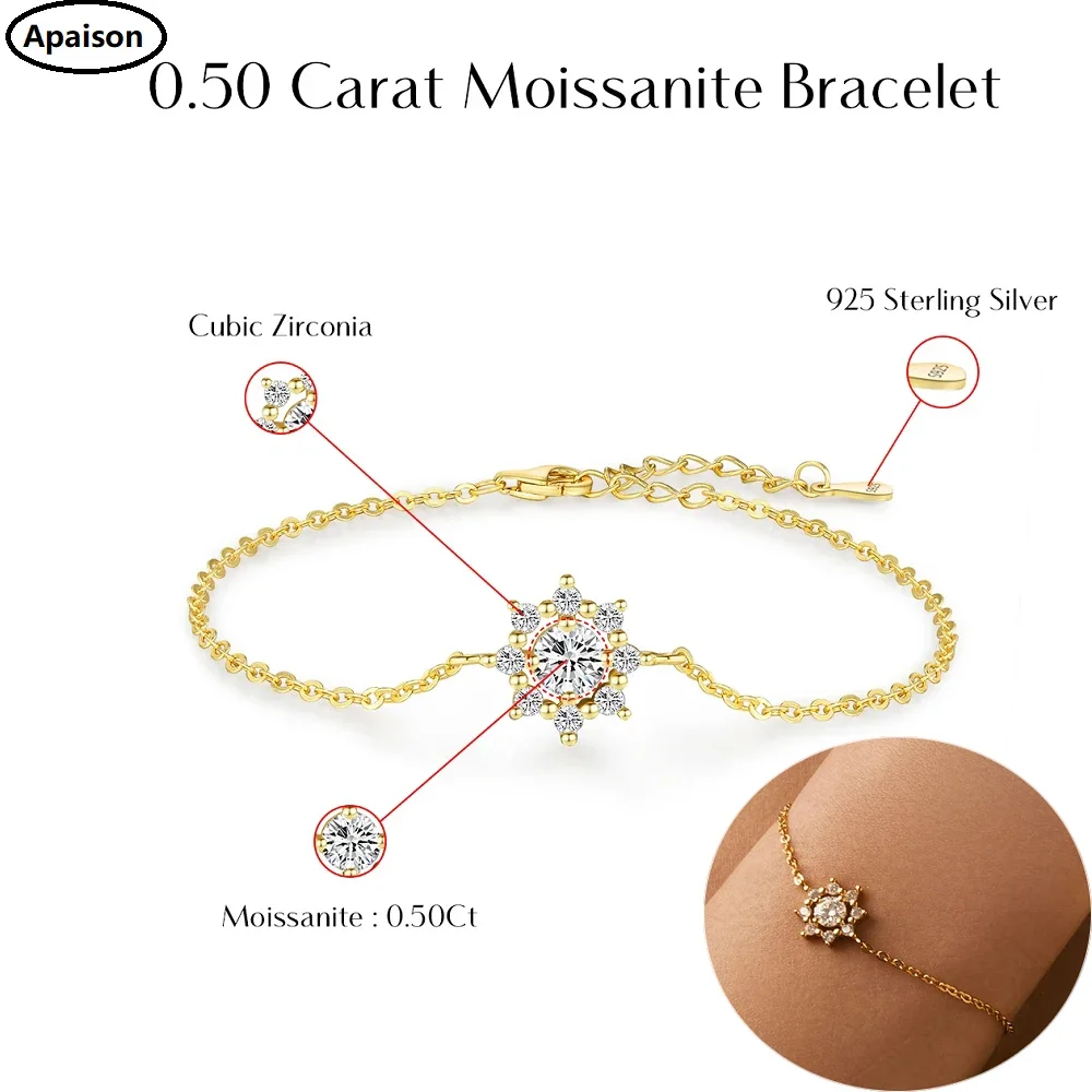 

Apaison VVS1 5 mm 0.5 ct Moissanite Exquisite Snowflake Chain Charms Bracelets For Women Gold Plated Chain Ladies Jewelry Gift
