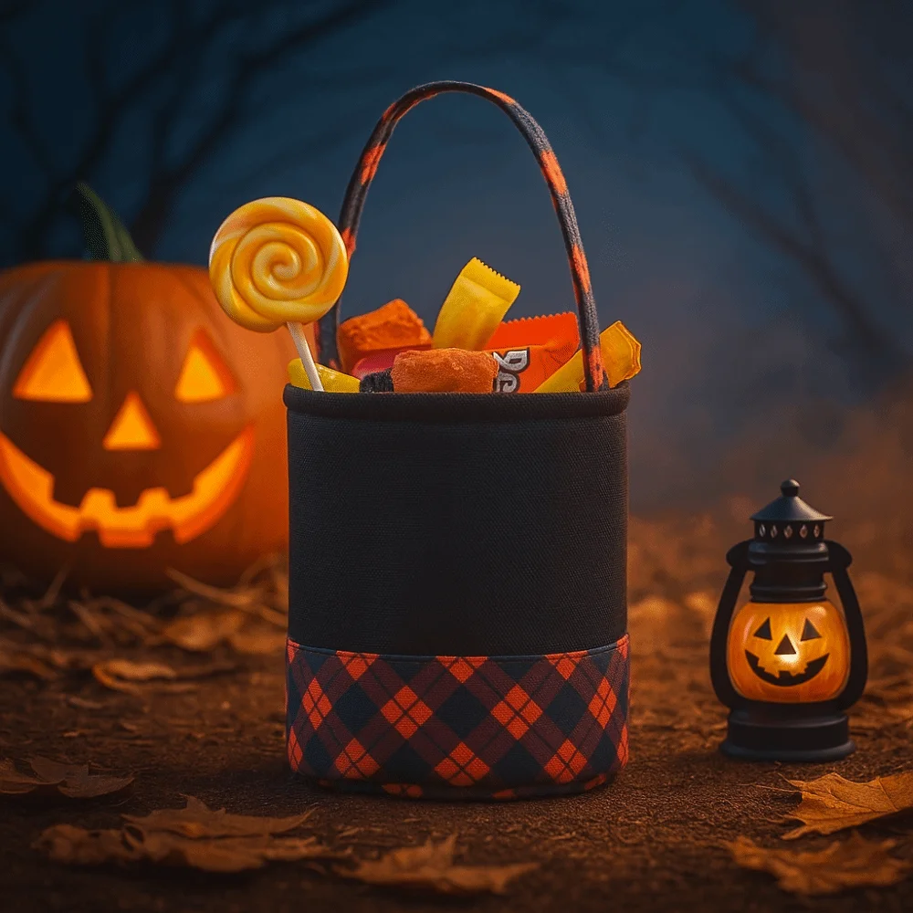 

Creative Stylish Halloween Storage Basket Decorative Cartoon Linen Grid Basket Portable Hand-Held Basket Interior Ornament