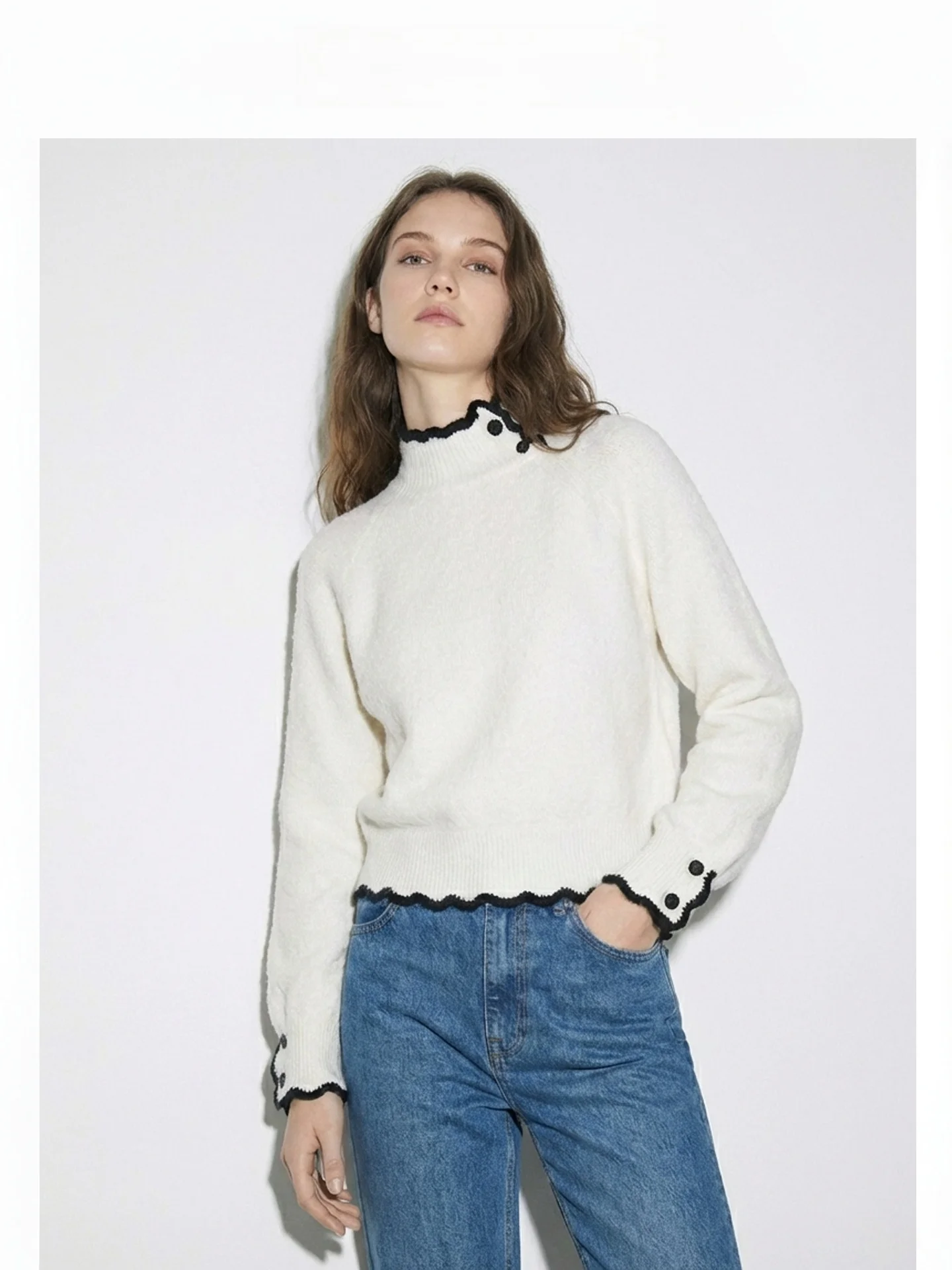 

Ele Wool Blend Knitted Sweater Women's High Ne Bubble Sve Overhead Bla White Contrast Lace Trim Base irt