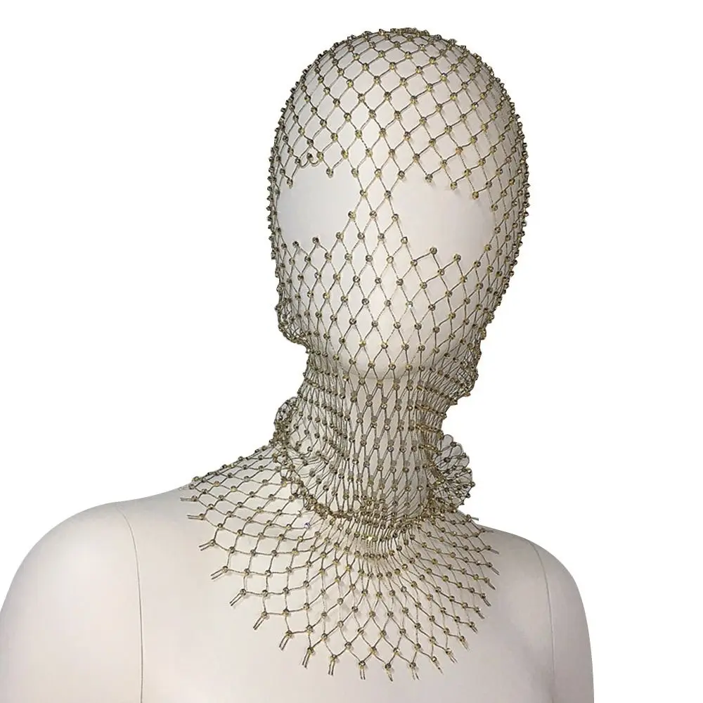 

Party Women Full Shining Diamond Headwrap Masked Head Mask Rhinestone Headcover Fishnet Headhood Cap