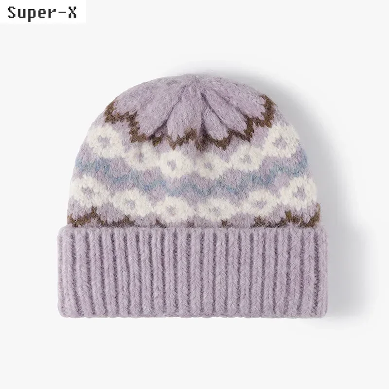 

Cute Winter Beanies Hats for Women Knit Classic Plaid Geometric Figure Bonnets Female Thick Warm Skullies Cap